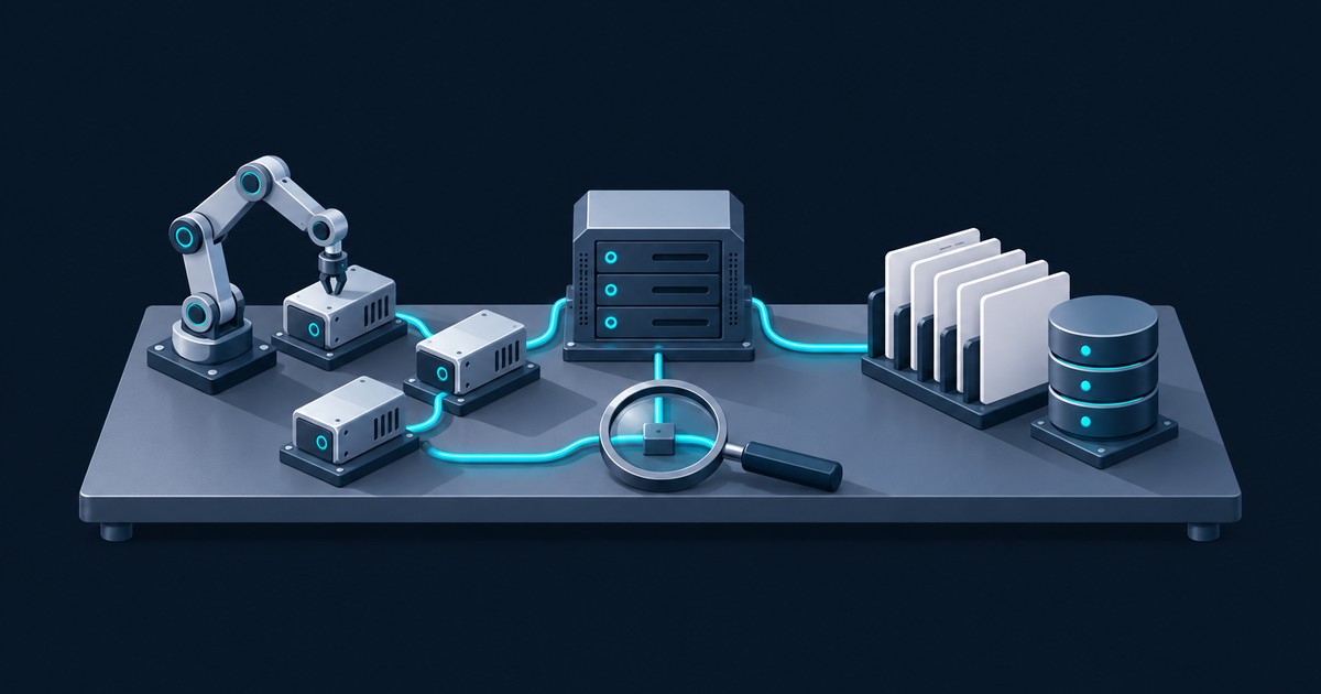 A robotic arm, small compute modules, a server rack, a document file rack, and a database stack joined by glowing cyan cables, with a magnifying glass on a dark platform